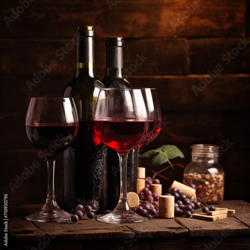 wine cellar, a bottle of red old wine and two wine glasses on a wooden table, photo for product sale