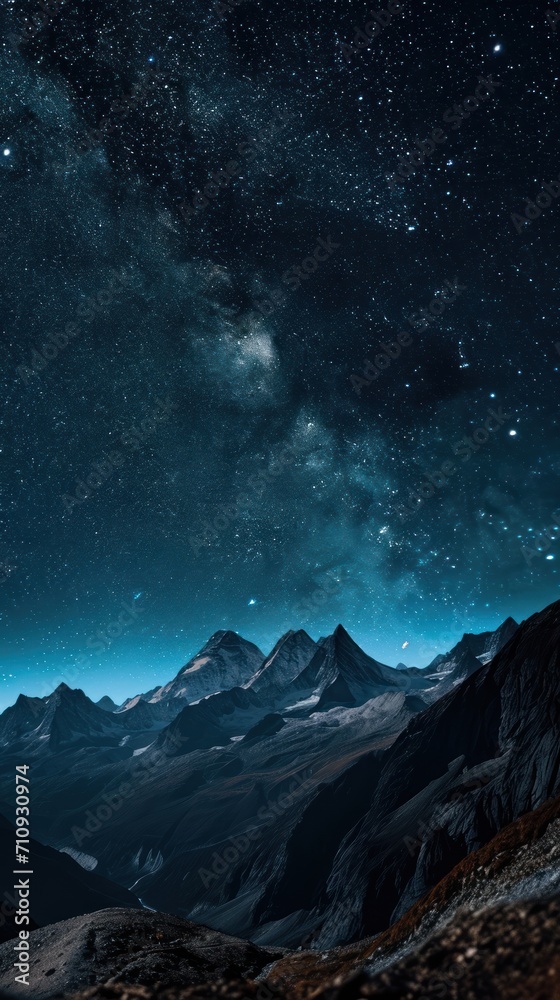 Starry night sky, mountains silhouette against the vastness of space