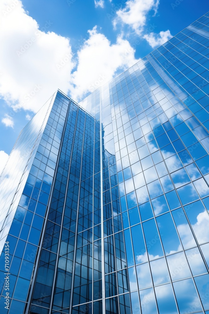 Blue glass skyscraper reflecting the sky