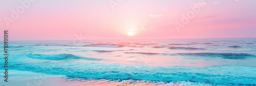 Morning sunrise, blue sea, pink sky, yellow sun glow, golden reflection on water. banner