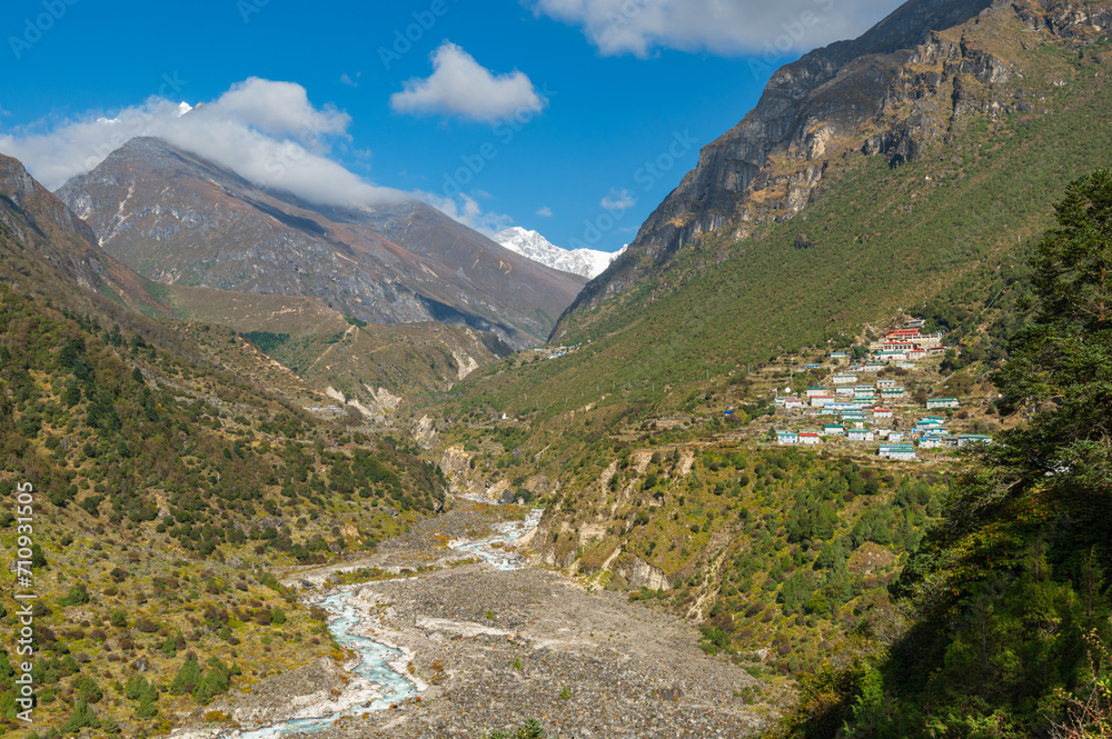 Naklejka premium View of Tengkangboche mountain and Bhote Koshi river during trekking from Namche Bazar to Thame in a clear day. Three passes trekking in Nepal. Mountain range Himalayas in the Khumbu region, Asia.