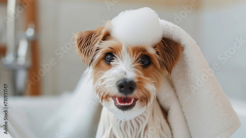 Adorable cute pet taking a bath and covered in towel