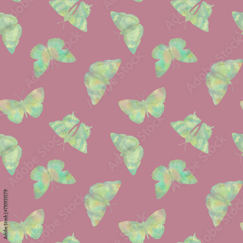 abstract green butterflies on a pink background  Seamless pattern for design