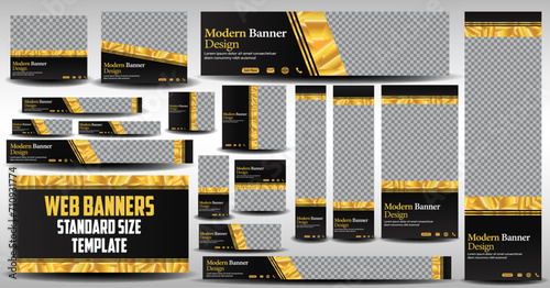 Black and Golden web banners template design  standard size with a place for photos. kit banner template Vertical, horizontal and square template. vector