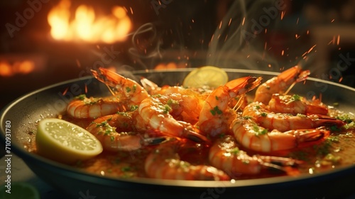 sizzling hot plate of shrimp with lemon wedges
