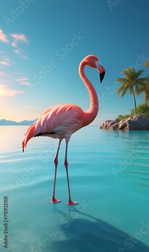 A lone flamingo basks in the sunlight over the warm turquoise waters of the island  against the evening sky