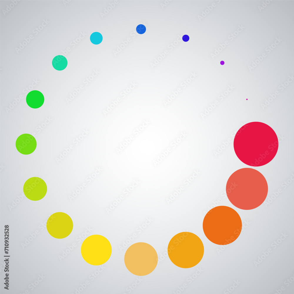 Circle of color palette icon that are arranged around each other in a circle on white background. Indicator for loading progress. Seamless loopin
