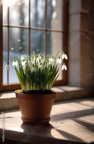 snowdrops in a pot stand on a window from which light is pouring  vintage