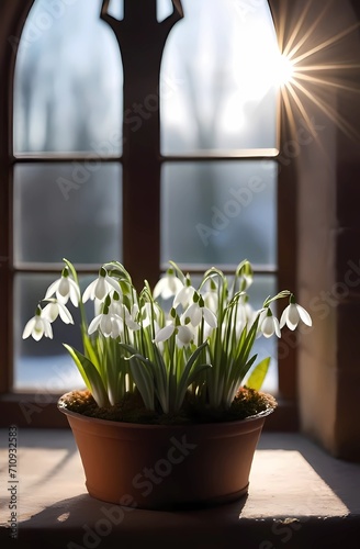 snowdrops in a pot stand on a window from which light is pouring  vintage