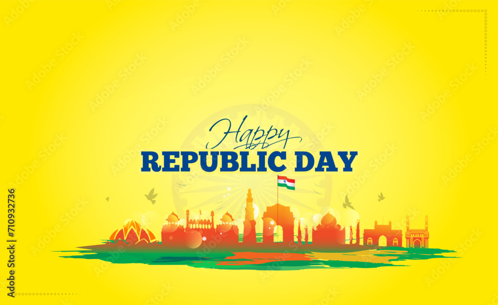Indian monuments skyline and republic day 26 january celebration background.