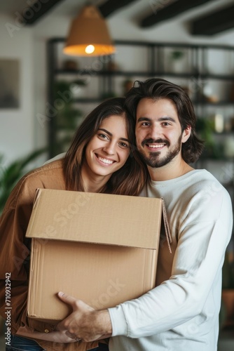Smiling young couple holding a cardboard box at a new apartment © piai