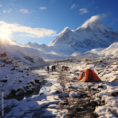 Mountaineers in a Snowy Mountain Landscape