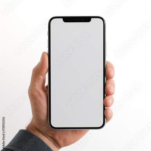 Full body adult employee business man corporate lawyer wears classic black suit shirt tie work in office big huge blank screen area talk speak on mobile cell phone isolated on plain grey background