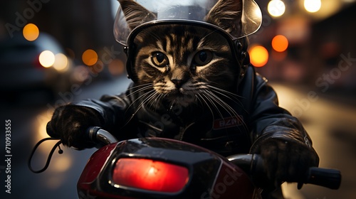 Cat biker in a leather jacket and helmet riding a motorcycle at night