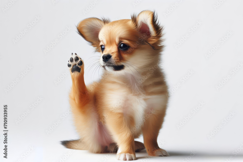 a small cute dog raised its hind leg and itch on a white background. ai generative