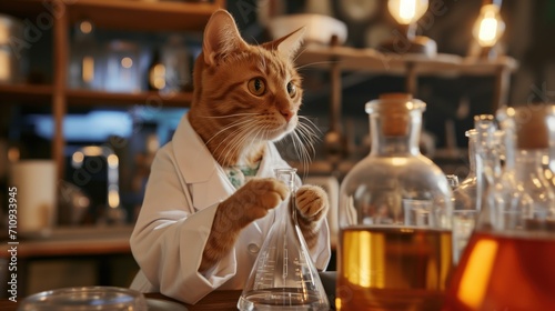 Ginger tabby cat wearing a lab coat inspects a flask in a vintage chemistry laboratory setting with warm ambient lighting