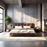 Modern bedroom with a loft interior design, featuring a brown shabby leather bed set against a concrete wall.





Modern bedroom with a loft interior design, featuring a brown shabby leather bed set 