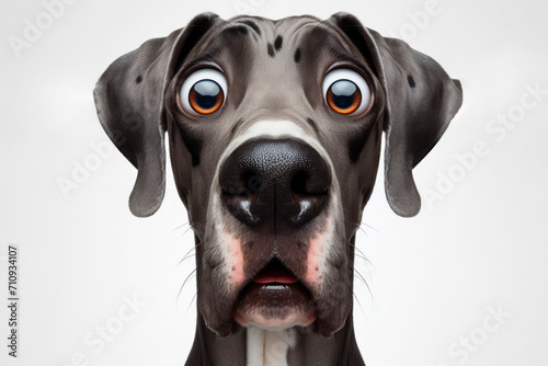 Closeup Funny Portrait of surprised Great Dane dog with Huge Eyes on solid white background. ai generative