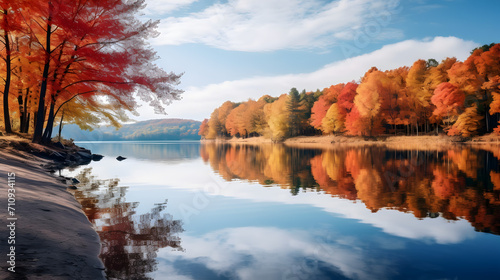 Tranquil Lake Surrounded by Vibrant Foliage,, Vibrant Autumn Reflections on the Lake