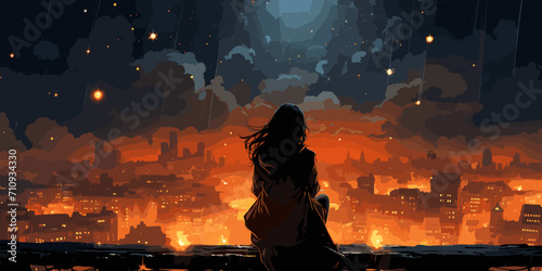 young woman with a glowing umbrella sitting on top of the building against the starry sky, digital art style, illustration painting
