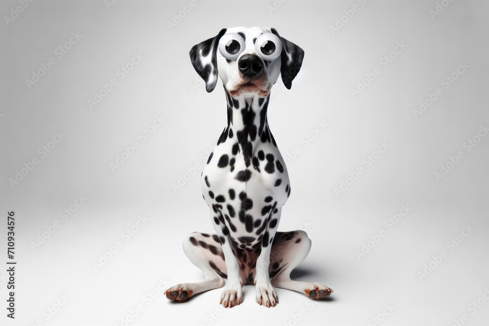 Full body Funny Portrait of surprised Dalmatian dog with Huge Eyes on solid white background. ai generative