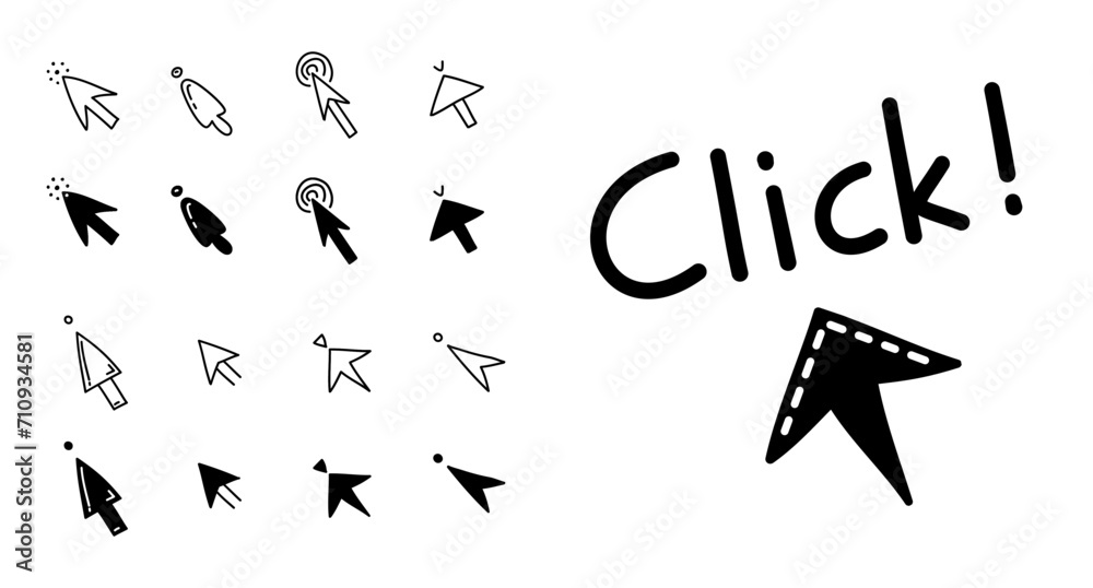 Doodle click button set. Different mouse cursors with lettering for website or computer application, hand drawn vector arrow pointer Doodle click button set. Different mouse cursors with lettering for website or computer application, hand drawn vector arrow pointer