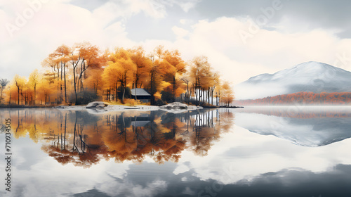 Tranquil Lake Surrounded by Vibrant Foliage,, Vibrant Autumn Reflections on the Lake