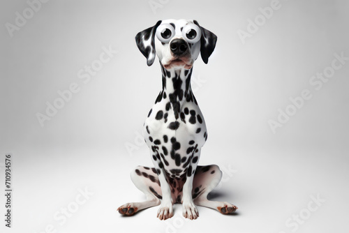 Full body Funny Portrait of surprised Dalmatian dog with Huge Eyes on solid white background. ai generative © Igor