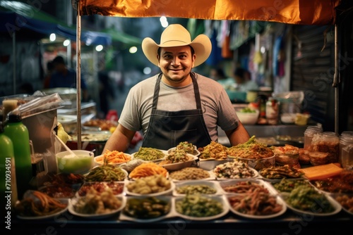 tacos street food truck in Mexico. Cook selling food outside in Mexico on market. Snack and fast food. 