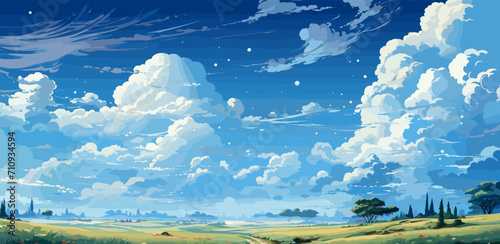 Vector blue sky clouds. Anime clean style. Background design