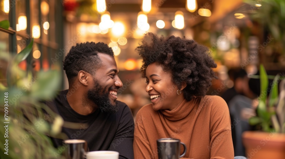 Cozy Date: Smiling Couple Enjoying Coffee in a Warm Ambient Cafe