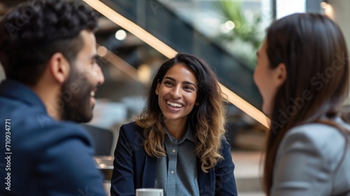 Friendly Business Meeting: Smiling Woman Engaging in a Conversation