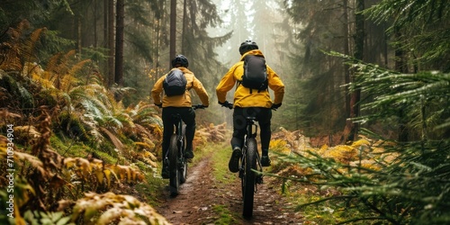 Mountain Bikers Exploring a Misty Forest Trail photo