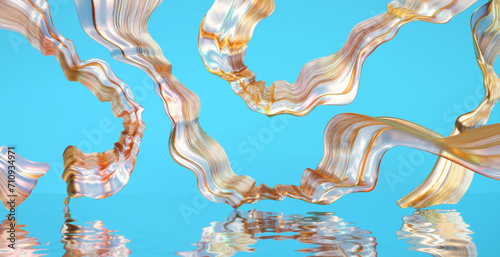 Abstract wavy cystal curves fly on blue background 3d rendering  photo