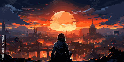 woman sitting outside against the futuristic city scene in the background, vector illustration