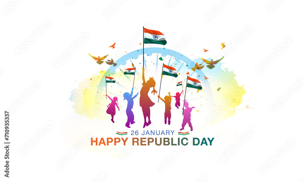 Fototapeta premium Children holding tricolor indian flag and saluting, celebrating Republic day of India, 26 January background