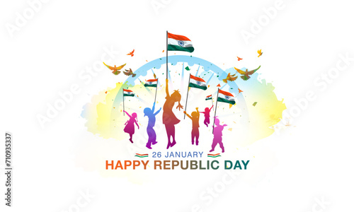 Children holding tricolor indian flag and saluting, celebrating Republic day of India, 26 January background