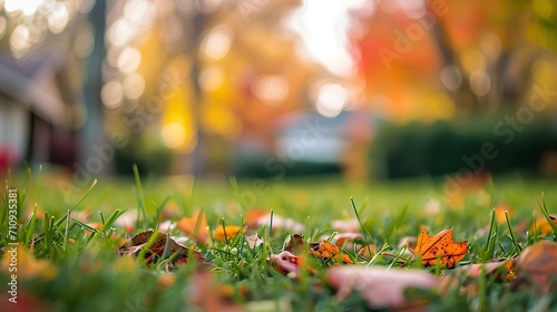 Fototapeta Naklejka Na Ścianę i Meble -  typical suburb background. late autumn. front yard. soft focus shallow depth of field background. sunny weather, calm and peaceful atmosphere. generative AI