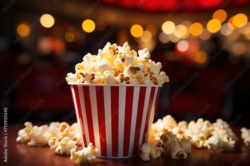 A red and white striped popcorn bucket sits on a table with a blurry background of a movie theater A red and white striped popcorn bucket sits on a table with a blurry background of a movie theater