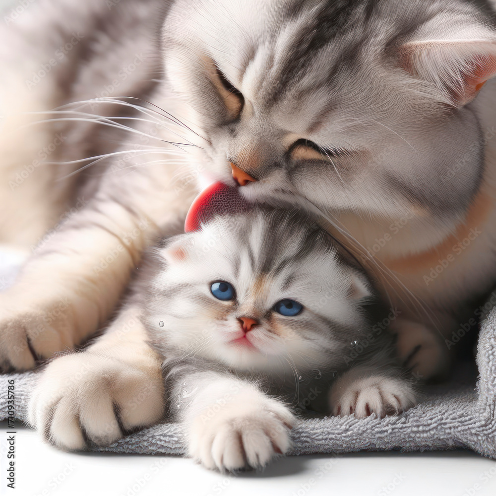 Obraz premium mother cat washes little kitten on white background copy space. ai generative