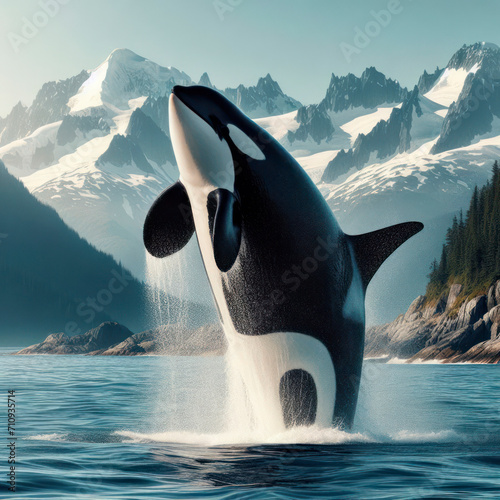 high detailed photo of a Killer whale breaching out of water. ai generative photo