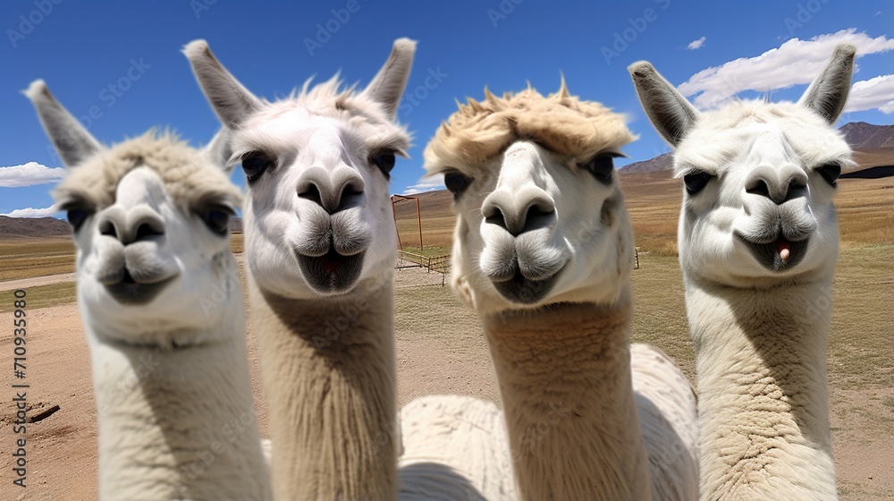 Four curious llamas looking at the camera