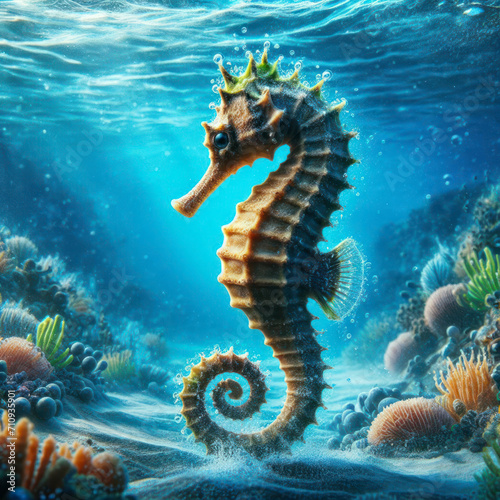photo of a Seahorse floating under water in the sea splashing. ai generative