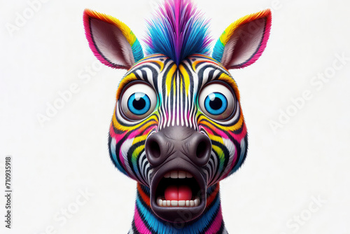 Photo of a shocked zebra in multicolored stripes on a white background with bulging eyes. ai generative