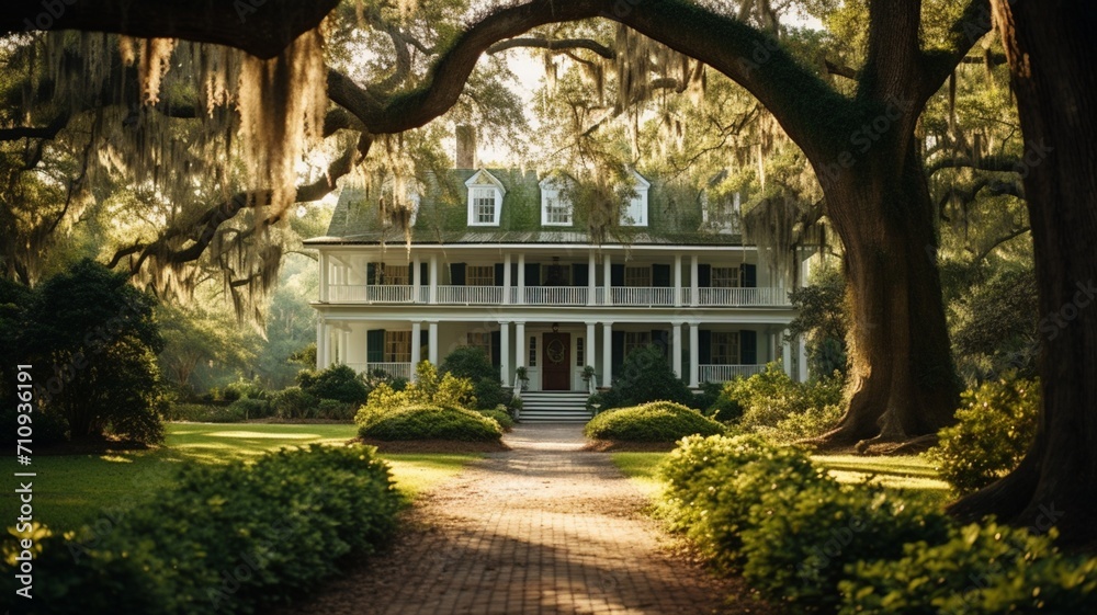 A historic plantation house with a wraparound porch, nestled among ancient oak trees draped in Spanish moss -Generative Ai
