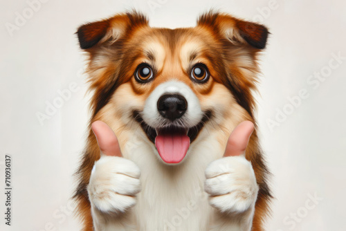Portrait of a beautiful happy dog thumbs up as a sign of excellent work on white background. ai generative