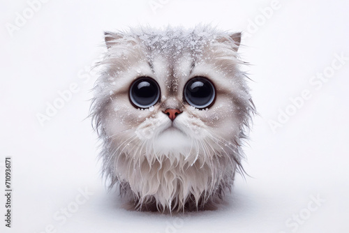 portrait of a frozen cute cat with bulging big eyes on a solid white background. ai generative