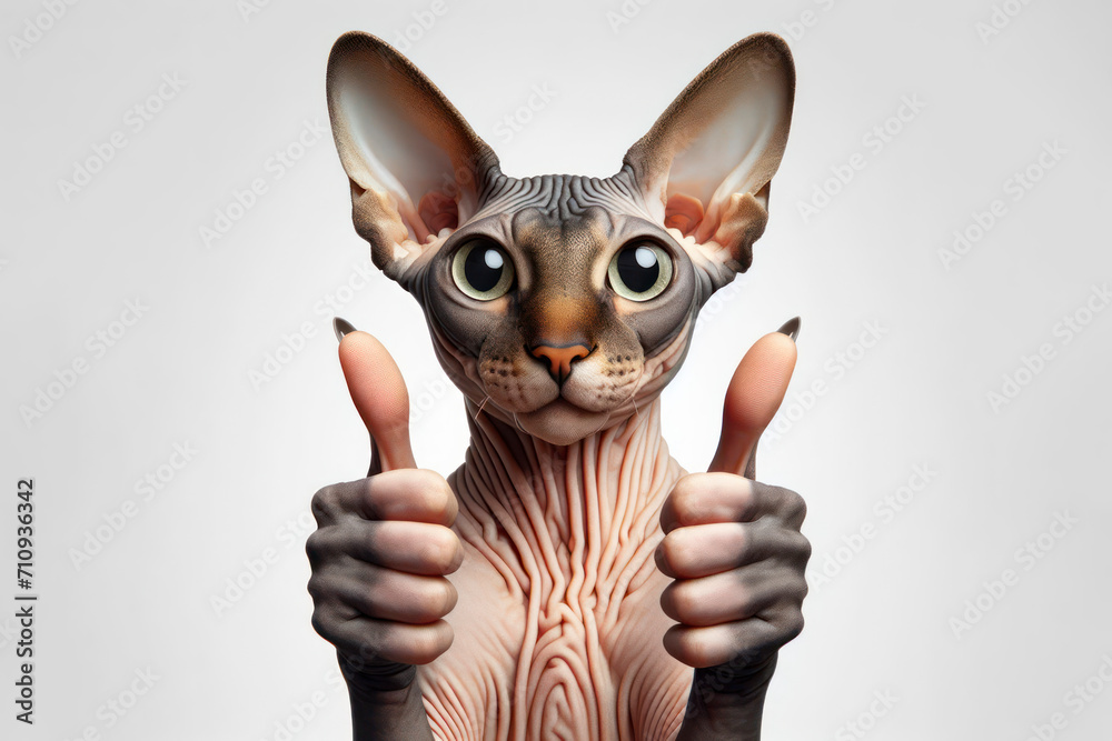 Portrait of a Sphynx cat holding two thumbs up as a sign of excellent work on a solid white background. ai generative