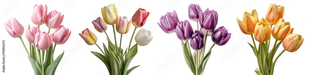 Collection set bunch bouquet pink purple orange mixed stalk of tulip tulips flower floral with leaves arrangement on transparent background cutout, PNG file. Mockup template artwork graphic design - obrazy, fototapety, plakaty 