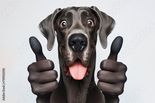 Portrait of a Great Dane dog thumbs up on a solid white background. ai generative